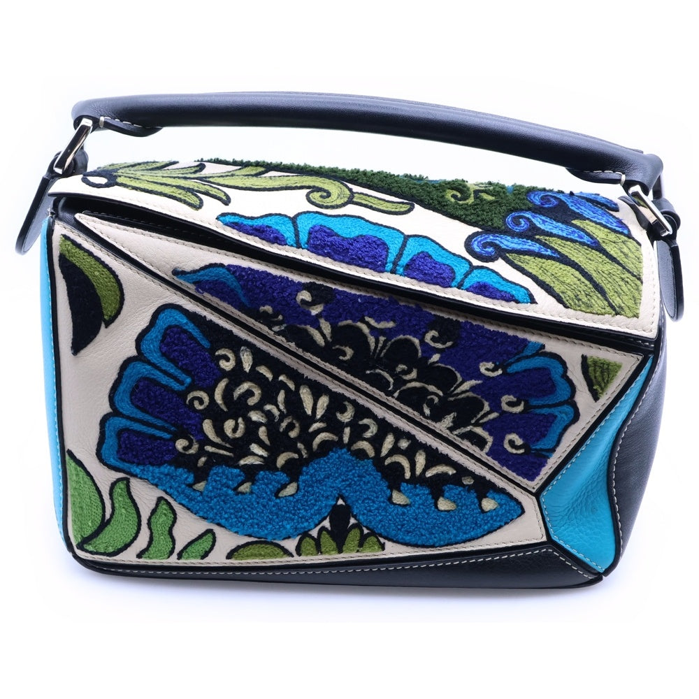 LOEWE(ロエベ) パズルバック ミニ 2WAYショルダーバッグ ハンドバッグ ブラック×ブルー×グリーン レザー シルバー金具 レディース