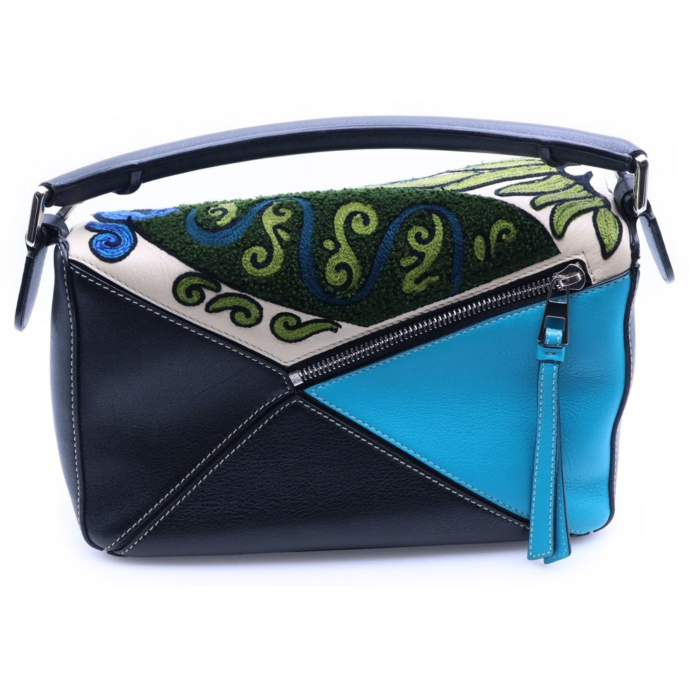 LOEWE(ロエベ) パズルバック ミニ 2WAYショルダーバッグ ハンドバッグ ブラック×ブルー×グリーン レザー シルバー金具 レディース
