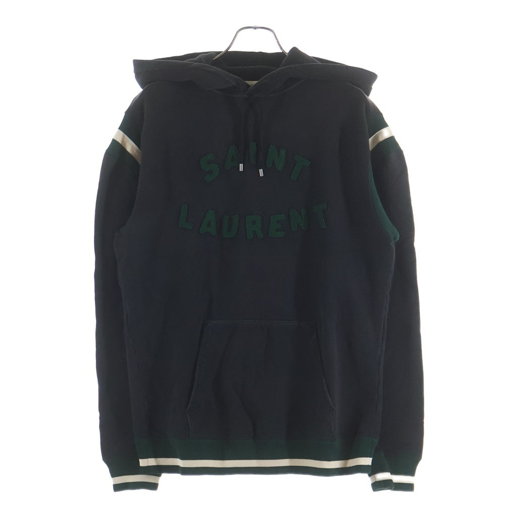 SAINT LAURENT PARIS(サンローランパリ) ワッペンロゴ プルオーバースウェットパーカー フーディー ブラック/グリーン 689395