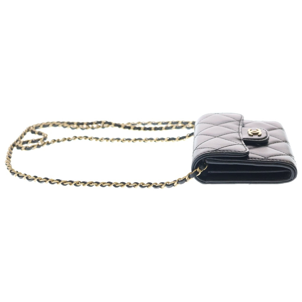 CHANEL(シャネル) マトラッセ ラムスキン ゴールド金具 チェーンショルダーウォレット 財布 コインケース A81465 ブラック レディース
