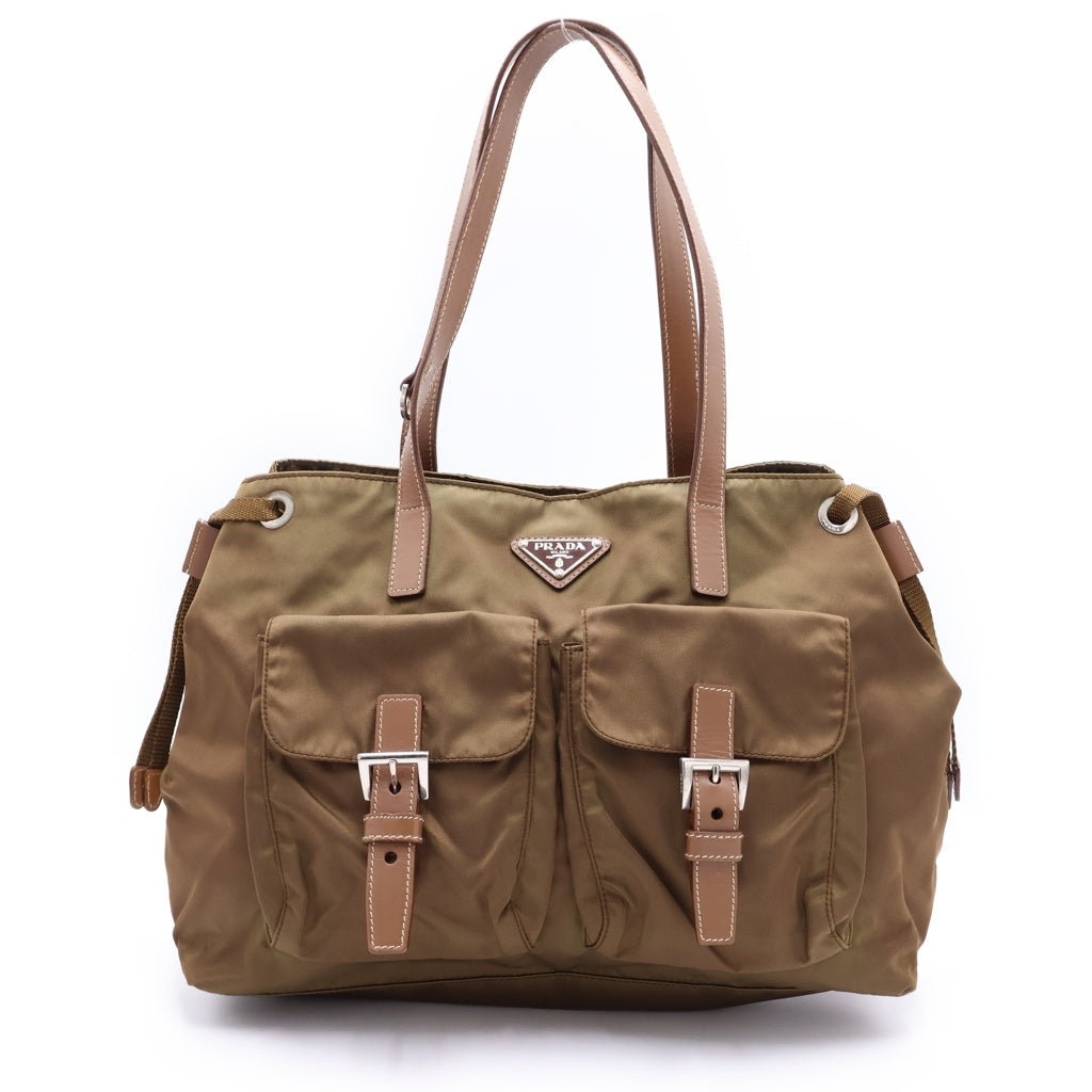 PRADA(プラダ) ハンドバッグ トートバッグ カーキ ブラウン レザー×ナイロン シルバー金具 レディース