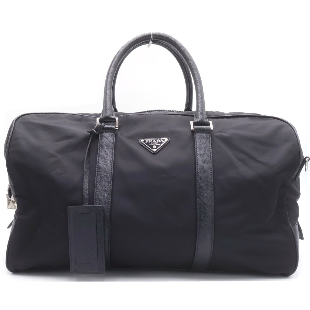 PRADA(プラダ) テスート ナイロン トライアングルロゴプレート ボストンバッグ シルバー金具 ブラック