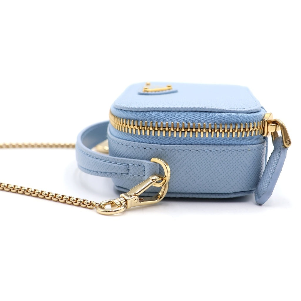 PRADA(プラダ) サフィアーノトライアングル ミニポーチショルダーバッグ ライトブルー レザー 1NR025 ゴールド金具 レディース