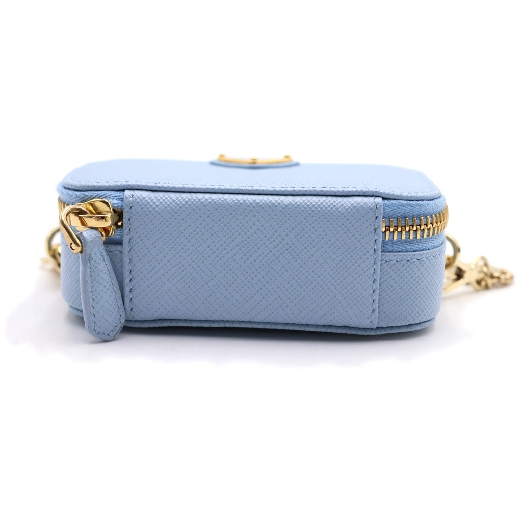 PRADA(プラダ) サフィアーノトライアングル ミニポーチショルダーバッグ ライトブルー レザー 1NR025 ゴールド金具 レディース
