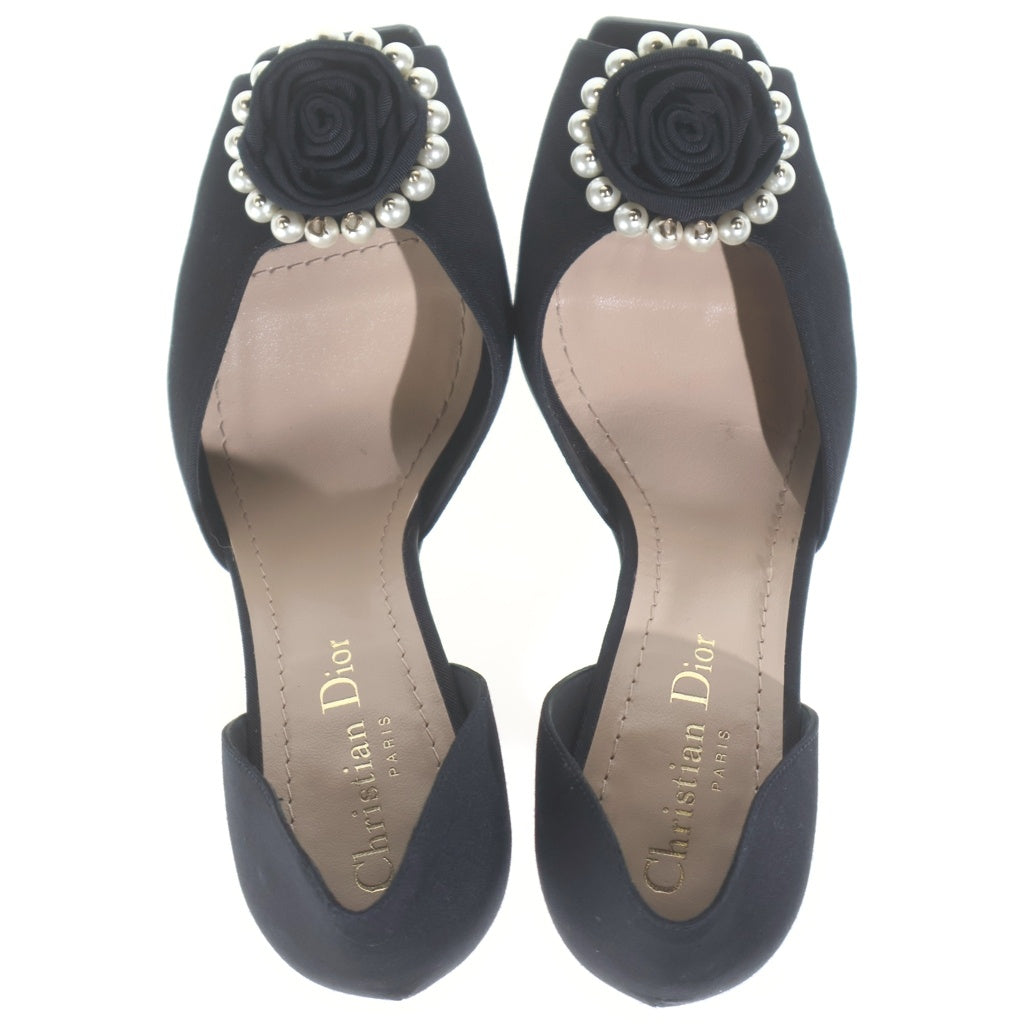 Christian Dior(クリスチャンディオール) フェイクパール フラワー オープントゥ ヒール パンプス シューズ ブラック レディース
