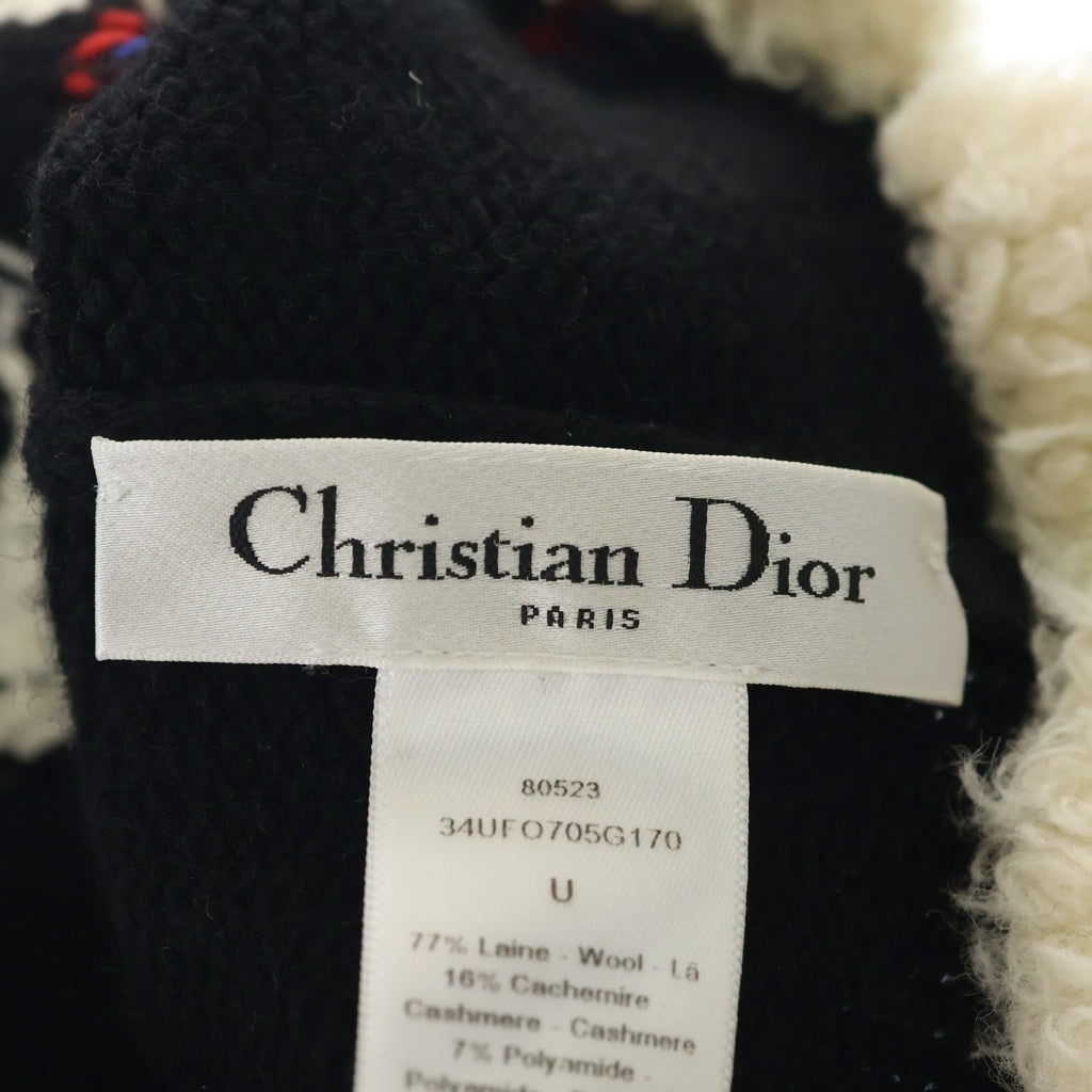 Christian Dior(クリスチャンディオール) ロゴ 刺繍 ウール×カシミヤ ニットキャップ ニット帽 帽子 ブラック/アイボリー #U レディース