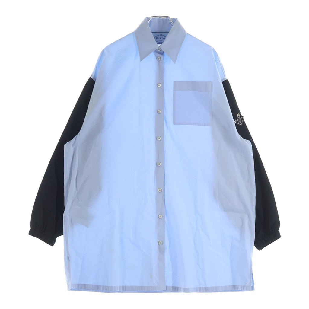 PRADA(プラダ) トライアングルロゴ コットン ドッキング ロングスリーブシャツ #36 ブルー/ブラック レディース