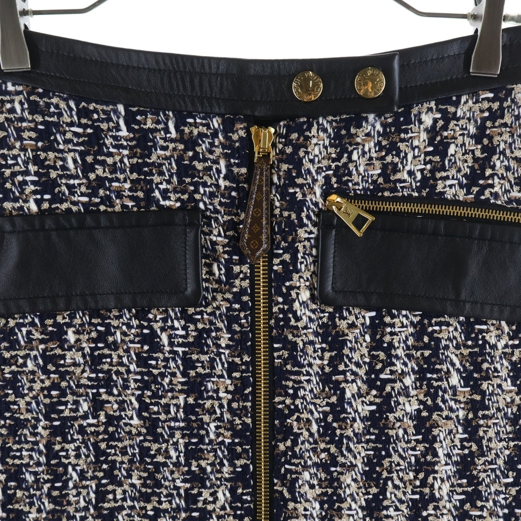 LOUIS VUITTON(ルイヴィトン) ルレックス ツイード ウール×コットン レザースカート ミディアムスカート フロントジップスカート #34 ブラック RW232W FG9 FPSK03 レディース