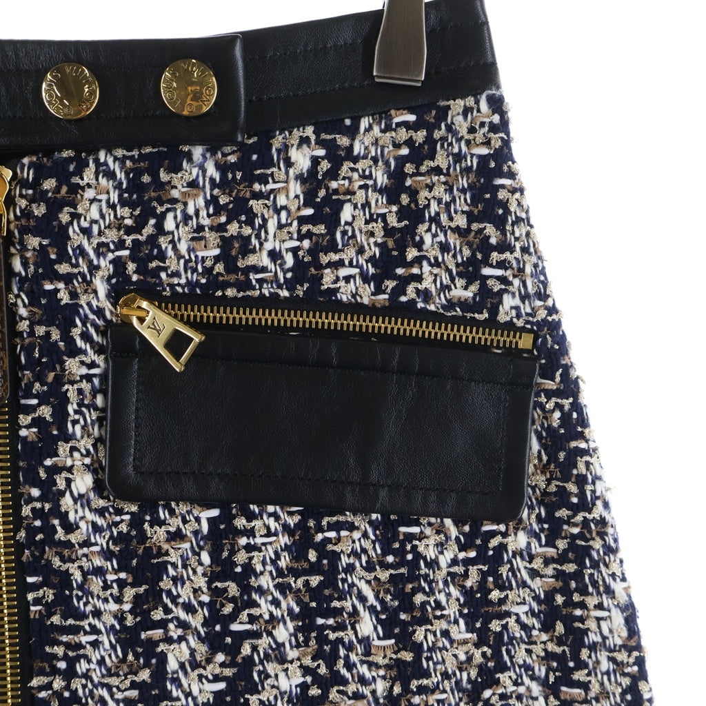 LOUIS VUITTON(ルイヴィトン) ルレックス ツイード ウール×コットン レザースカート ミディアムスカート フロントジップスカート #34 ブラック RW232W FG9 FPSK03 レディース