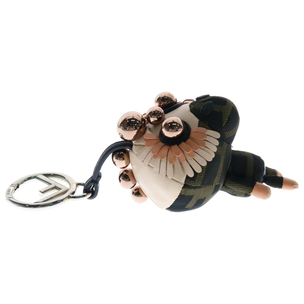 FENDI(フェンディ) ズッカ モンキー バッグチャーム キーホルダー ブラウン×ピンク レザー×キャンバス
