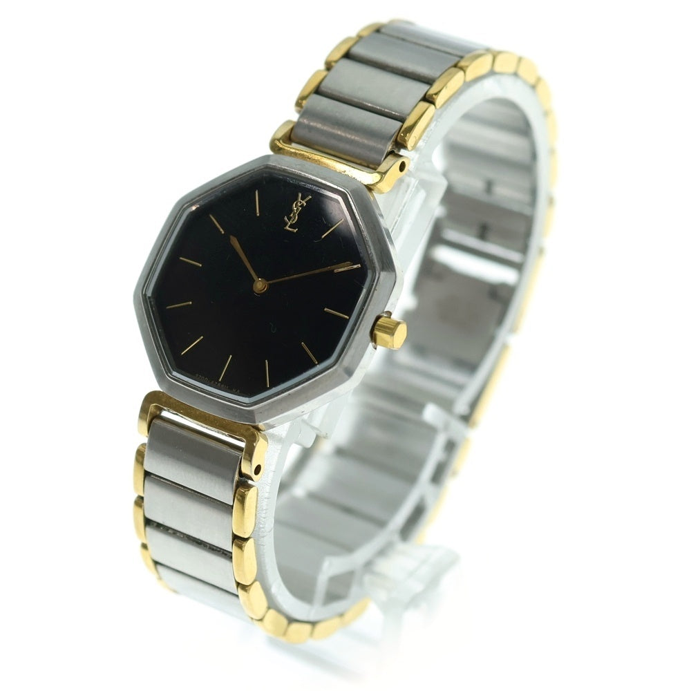 YVES SAINT LAURENT(イヴサンローラン) オクタゴン レディースウォッチ 黒文字盤 ステンレスウォッチ 腕時計 シルバー/ゴールド SS/QZ 2200-222377