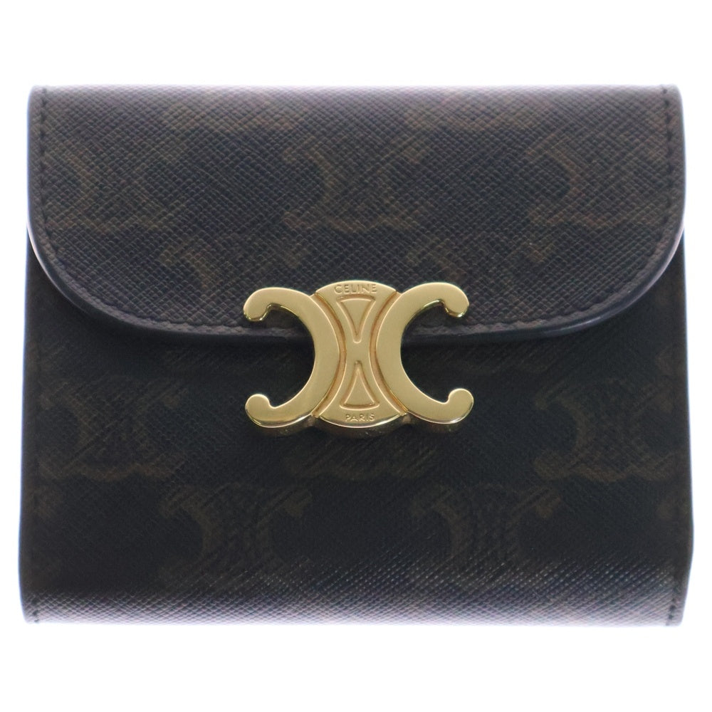 CELINE(セリーヌ) トリオンフ 三つ折り財布 コンパクトウォレット コインケース ゴールド金具 PVC×レザー ブラウン