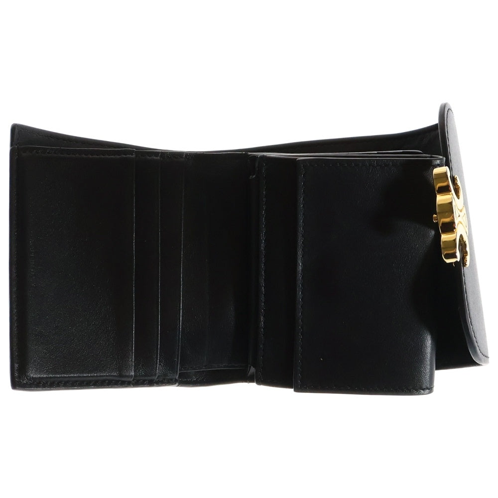 CELINE(セリーヌ) トリオンフ ロゴプレート スモールフラップ レザー コンパクトウォレット 三つ折り財布 ゴールド金具 ブラック