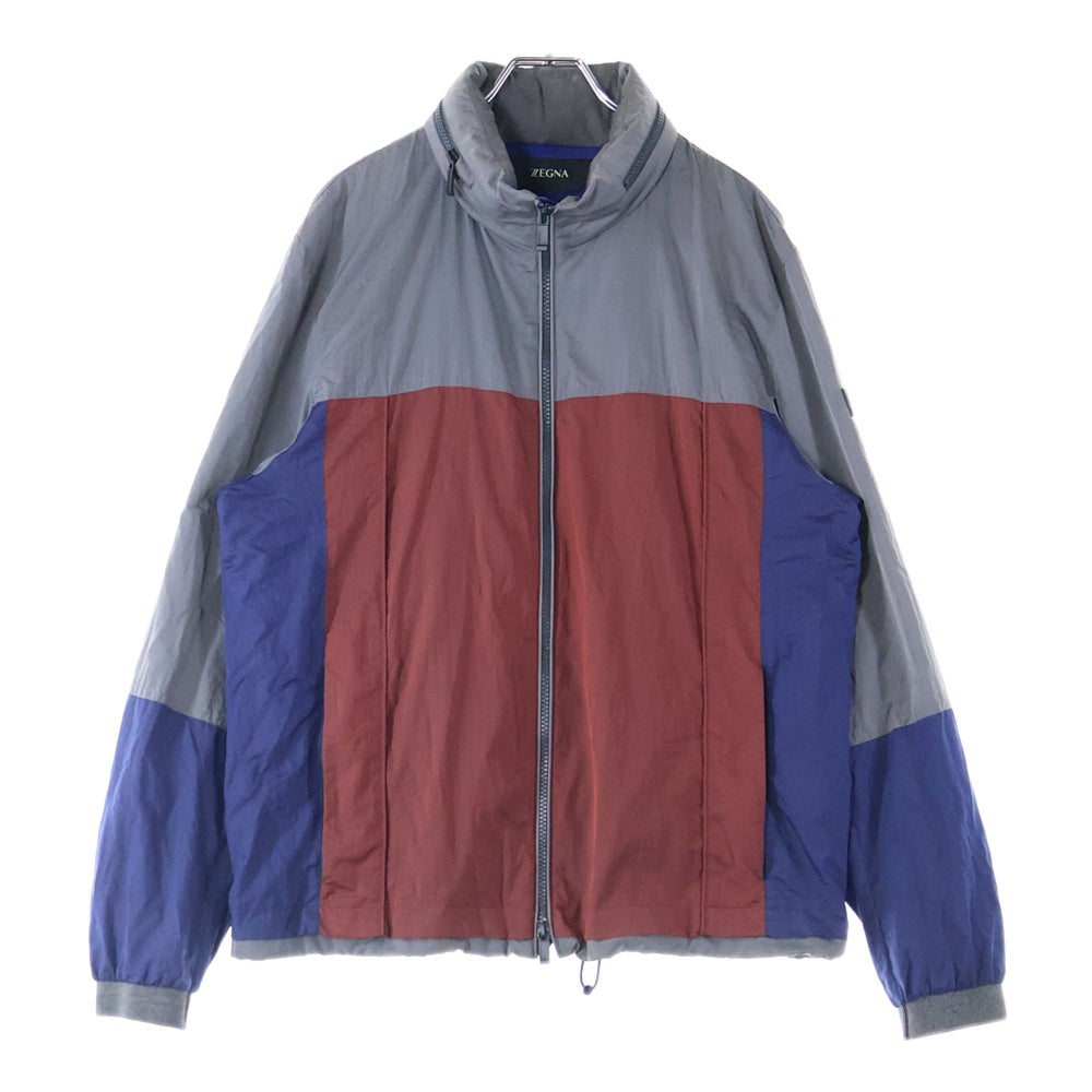 Ermenegildo Zegna(エルメネジルドゼニア) ラバー ワッペンロゴ ウールライニング フーデッド ジップアップ ナイロンジャケット ウィンドブレーカー グレー/レッド 7VU006 ZZT090