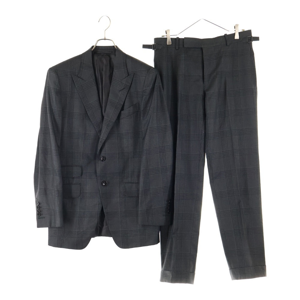 TOM FORD(トムフォード) セットアップスーツ チェック総柄 シルク ウール 2B ピークドラペル テーラードジャケット ノータック スラックスパンツ グレー 316R11 21YL4C