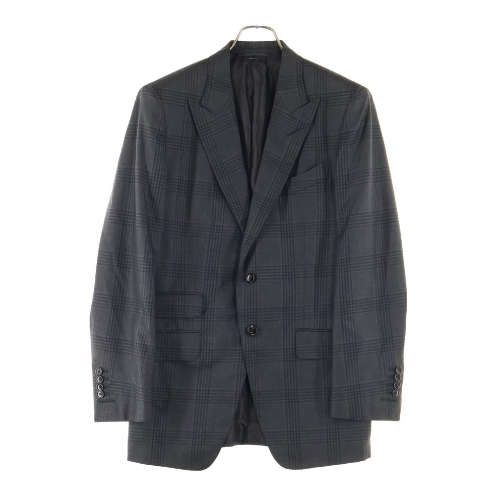 TOM FORD(トムフォード) セットアップスーツ チェック総柄 シルク ウール 2B ピークドラペル テーラードジャケット ノータック スラックスパンツ グレー 316R11 21YL4C