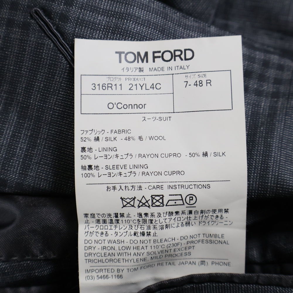 TOM FORD(トムフォード) セットアップスーツ チェック総柄 シルク ウール 2B ピークドラペル テーラードジャケット ノータック スラックスパンツ グレー 316R11 21YL4C