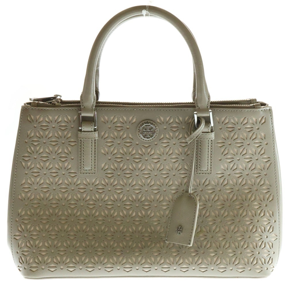 TORY BURCH(トリー バーチ) ロゴプレート パンチング PVC 2WAY ハンド ショルダーバッグ シルバー金具 ベージュ