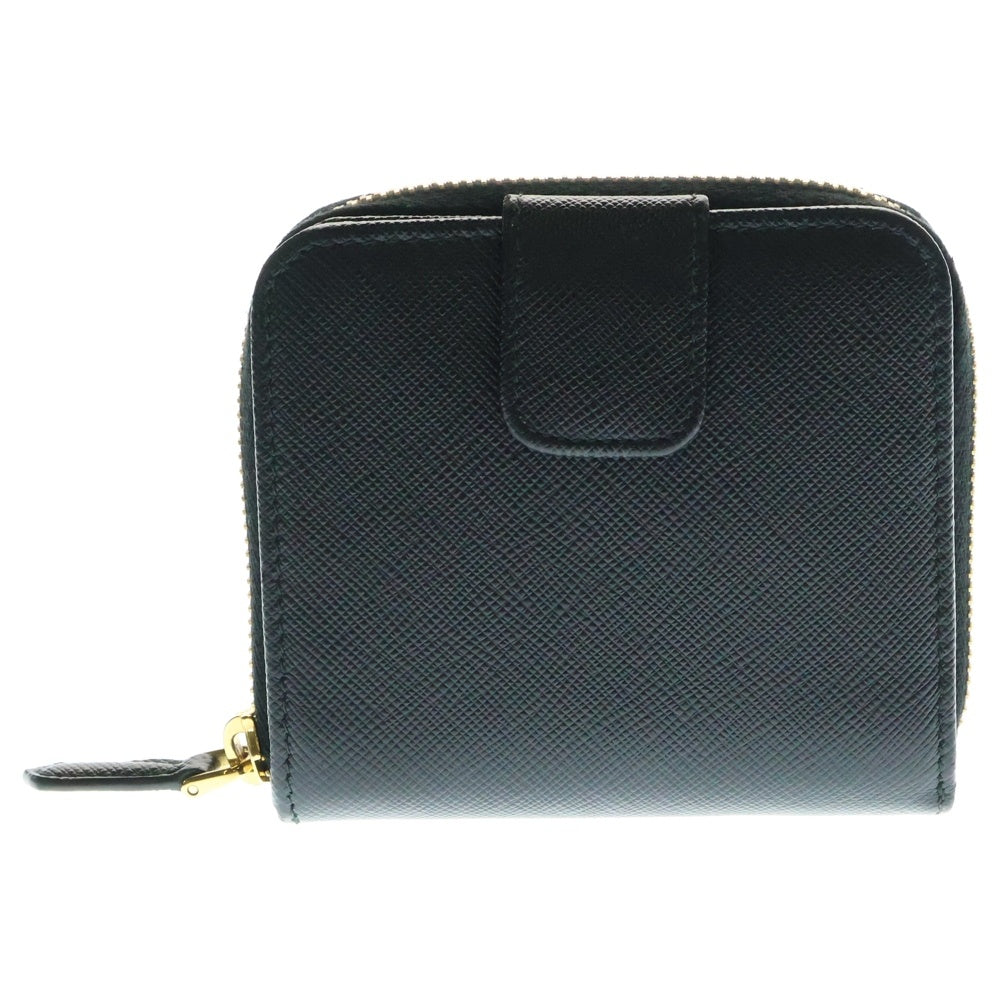 PRADA(プラダ) ロゴ 二つ折り財布 コンパクトウォレット コインケース ブラック ゴールド金具 サフィアーノレザー 1ML018