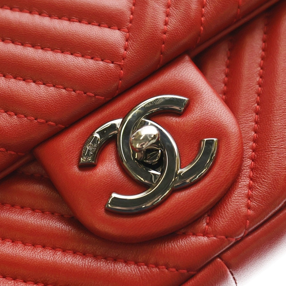 CHANEL(シャネル) ココマーク ラムスキン Vステッチチェーンレザーショルダーバッグ レッド レディース