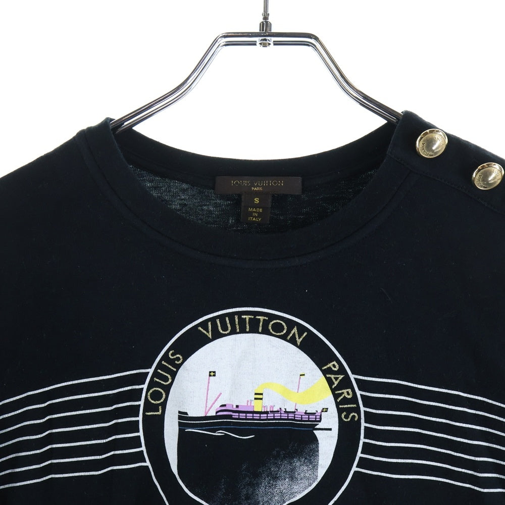 LOUIS VUITTON(ルイヴィトン) 08SS ロゴ刺繍 ボーダープリント ショルダーボタンデザイン クルーネック 半袖Tシャツ カットソー ブラック レディース RW081W WMTS09JBC
