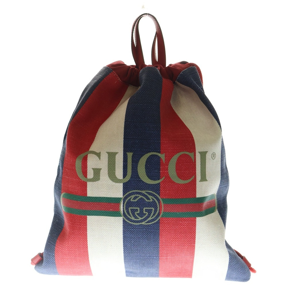 GUCCI(グッチ) ヴィンテージ ロゴプリント トリコロール ドローストリング キャンバス レザー バックパック リュックサック ナップザック レッド/ネイビー 473872