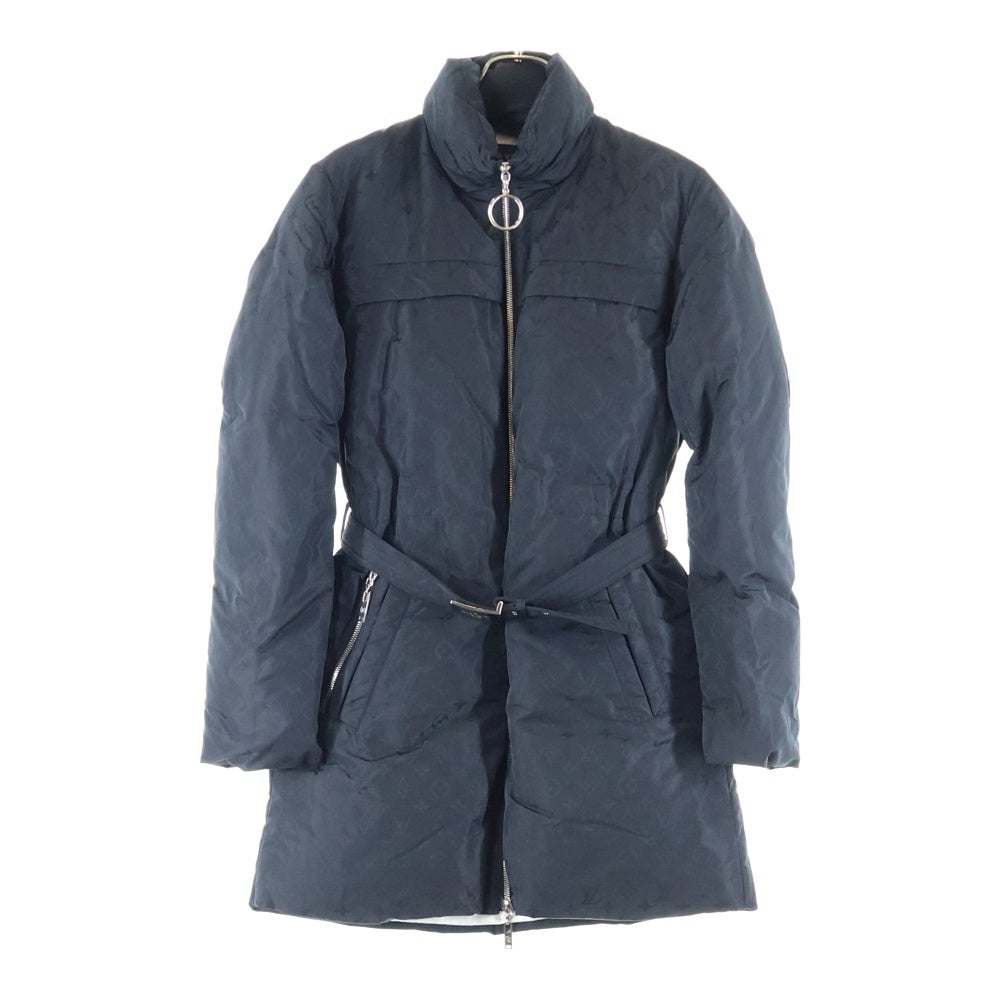 LOUIS VUITTON(ルイヴィトン) モノグラム総柄 ロゴバックル ベルト付き シルク混 ジップアップ ダウン ロング ジャケット コート ブラック レディース FFC018FLX