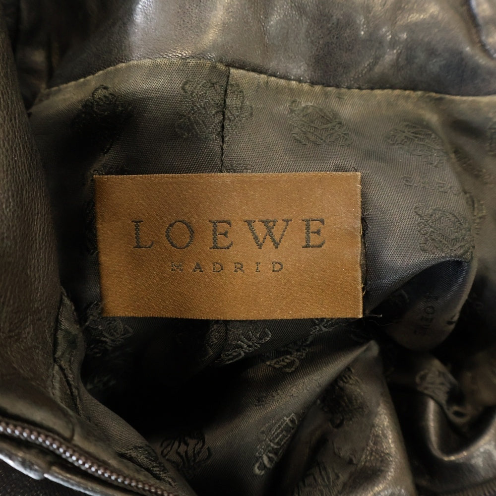 LOEWE(ロエベ) ラムレザー スタンドカラー ジップアップ シングルライダース ジャケット ブラック