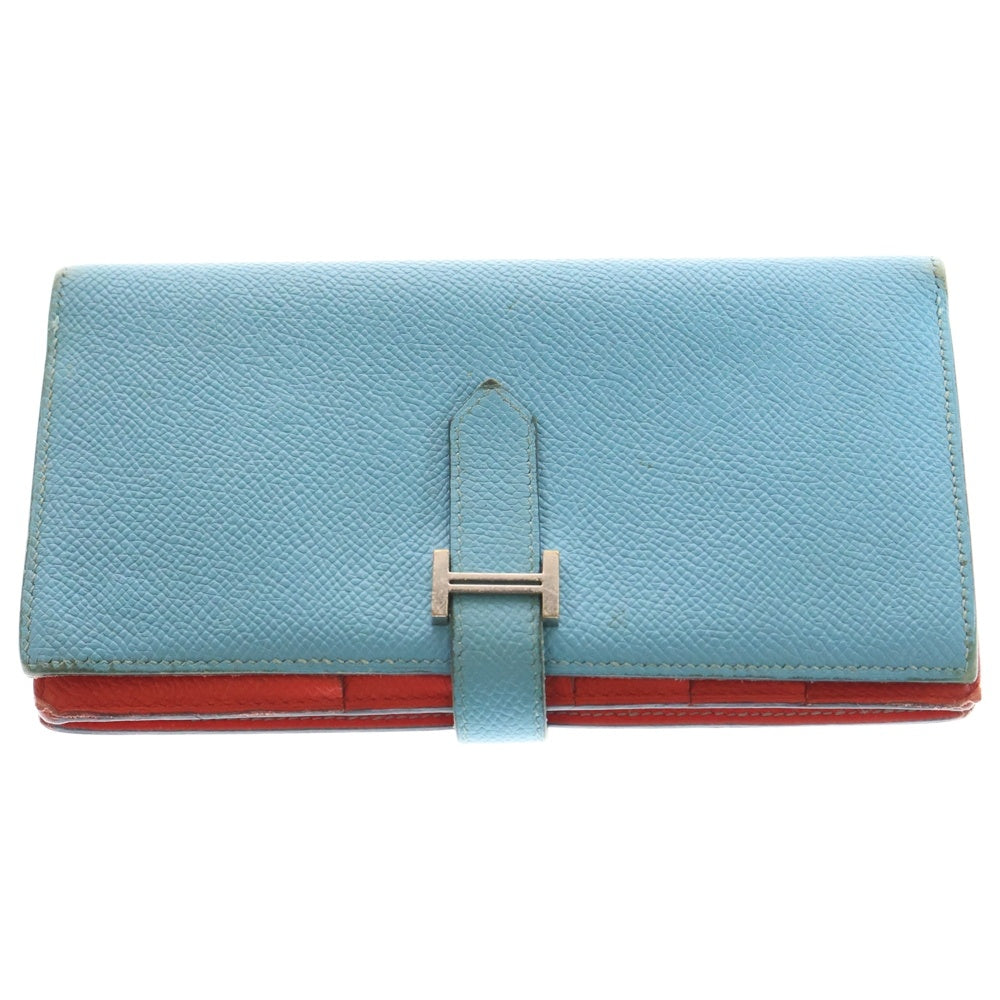 HERMES(エルメス) ベアンスフレ ロングウォレット 長財布 カードケース ライトブルー×レッド エプソン シルバー金具 D刻印