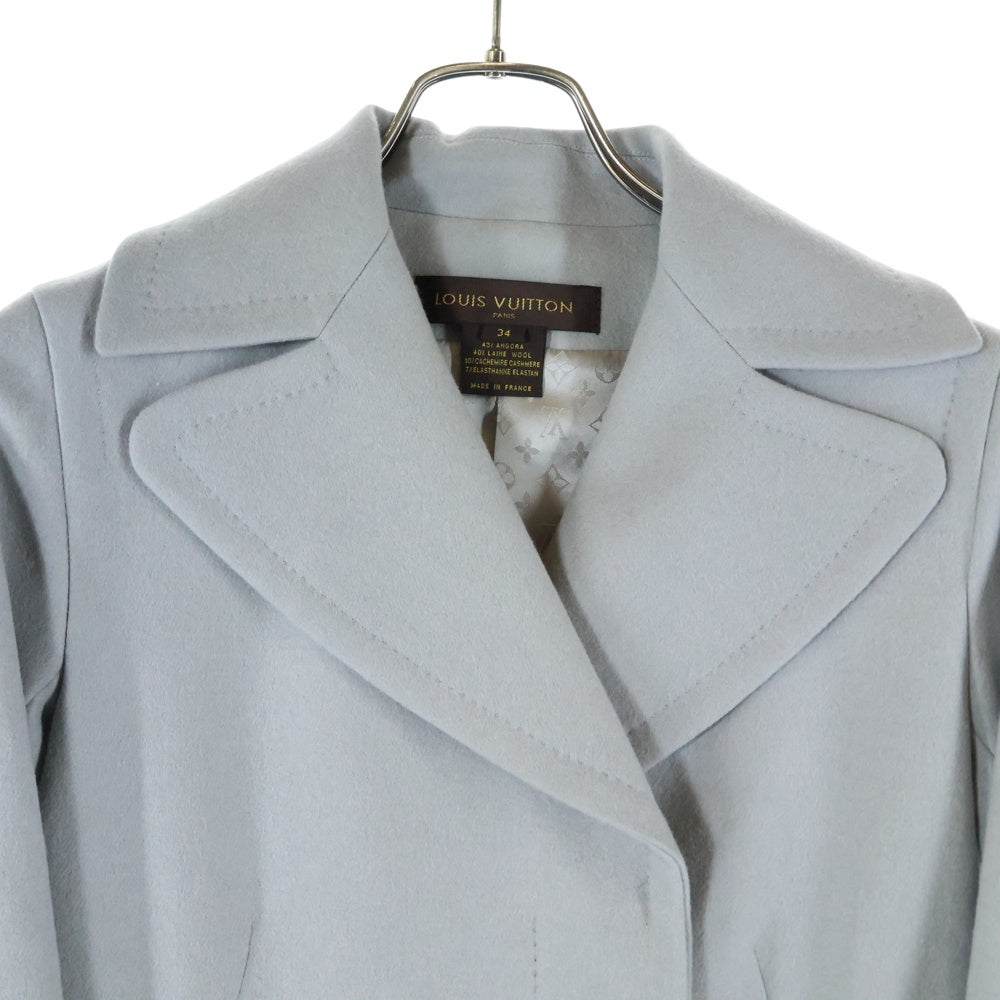 LOUIS VUITTON(ルイヴィトン) 裏地モノグラム総柄 カシミヤ ウール混 アンゴラ メルトン ダブルブレスト ピーコート グレー レディース