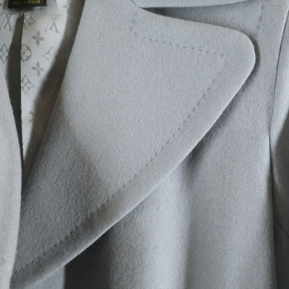 LOUIS VUITTON(ルイヴィトン) 裏地モノグラム総柄 カシミヤ ウール混 アンゴラ メルトン ダブルブレスト ピーコート グレー レディース