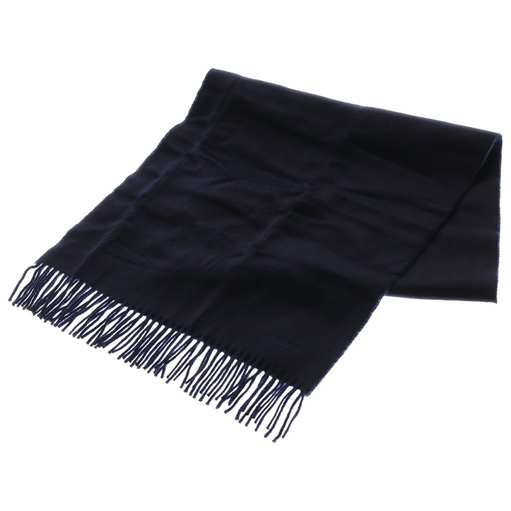 HERMES(エルメス) レクトヴェルソ ロゴ刺繍 フリンジ マフラー ネイビー カシミア レディース