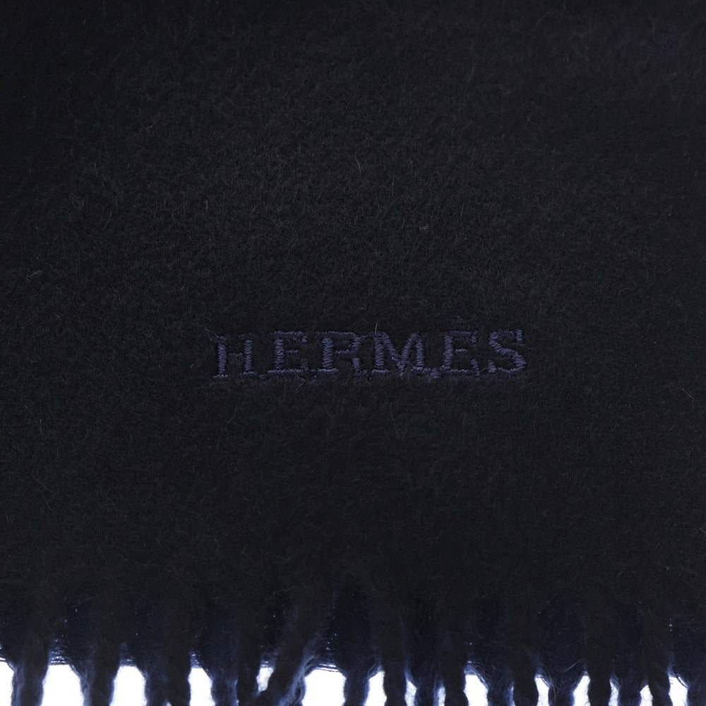HERMES(エルメス) レクトヴェルソ ロゴ刺繍 フリンジ マフラー ネイビー カシミア レディース