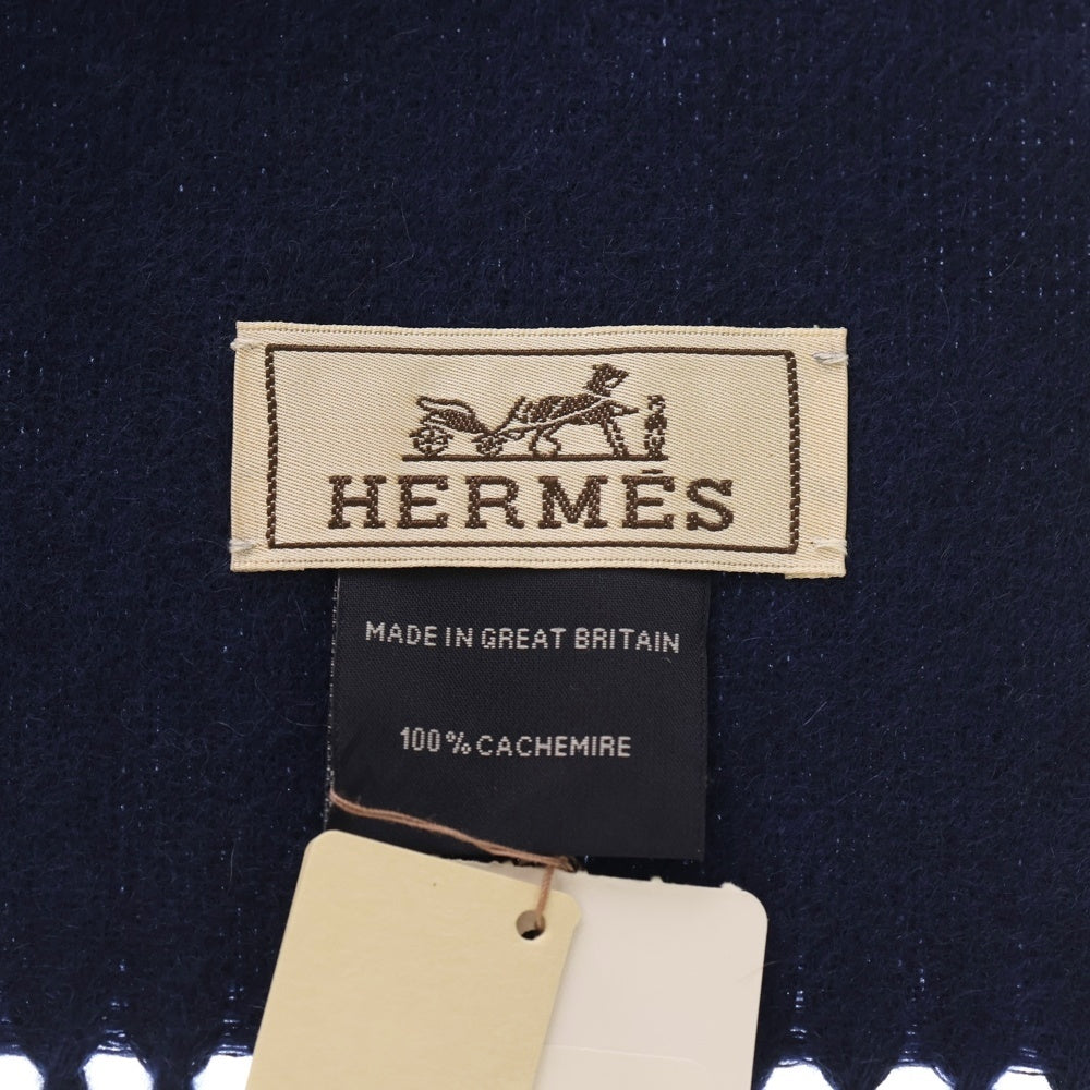 HERMES(エルメス) レクトヴェルソ ロゴ刺繍 フリンジ マフラー ネイビー カシミア レディース