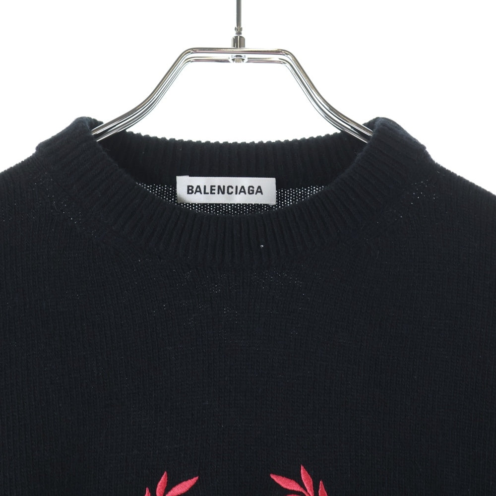 BALENCIAGA(バレンシアガ) BBロゴ刺繍 カシミヤ混 クルーネック プルオーバー 長袖ニット セーター ブラック/レッド 555308