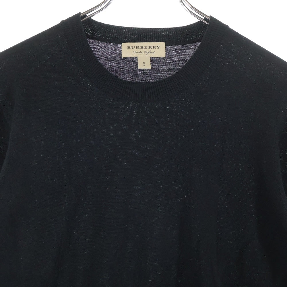 BURBERRY(バーバリー) エルボーパッチ ノバチェック柄切り替え ウール クルーネック プルオーバー 長袖ニット セーター ブラック レディース 4067797
