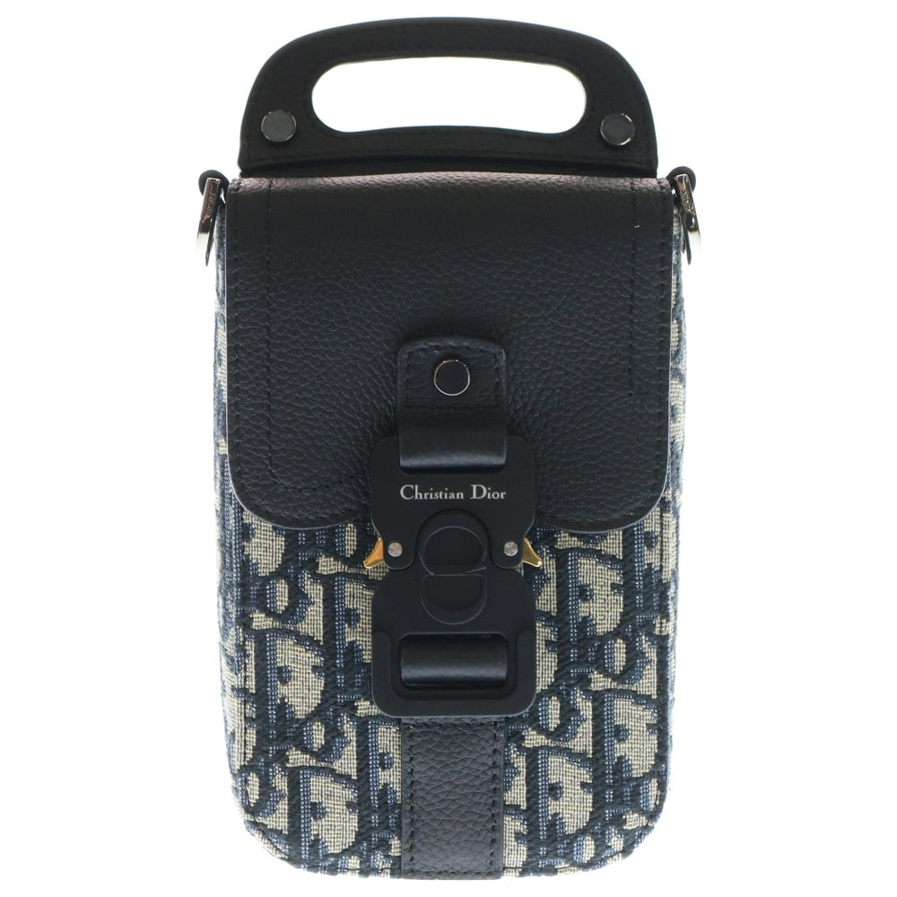 Christian Dior(クリスチャンディオール) オブリーク サドルバーティカルポーチ ブラック×ネイビー レザー×キャンバス ショルダーバッグ レディース