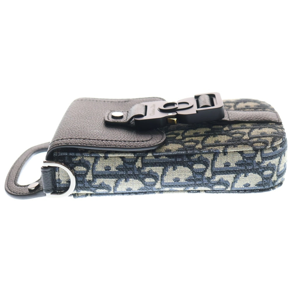 Christian Dior(クリスチャンディオール) オブリーク サドルバーティカルポーチ ブラック×ネイビー レザー×キャンバス ショルダーバッグ レディース