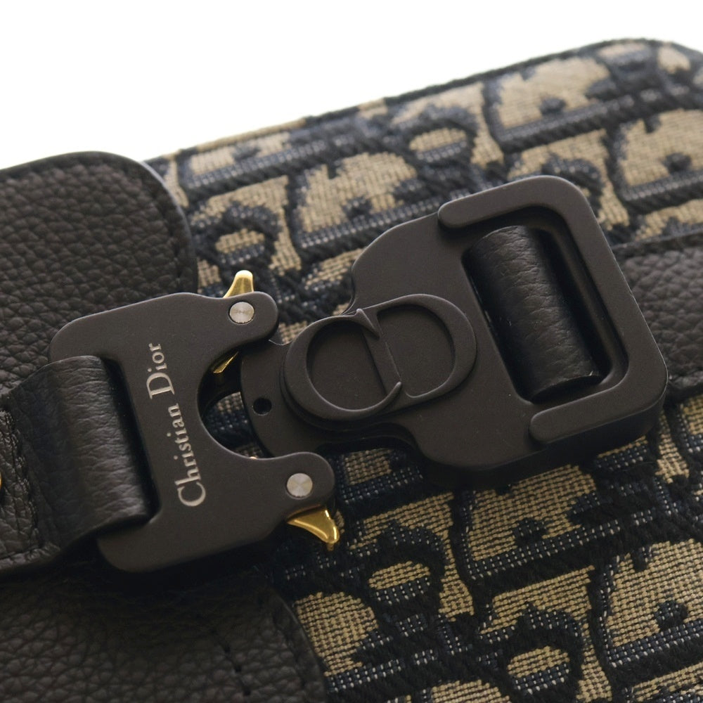 Christian Dior(クリスチャンディオール) オブリーク サドルバーティカルポーチ ブラック×ネイビー レザー×キャンバス ショルダーバッグ レディース