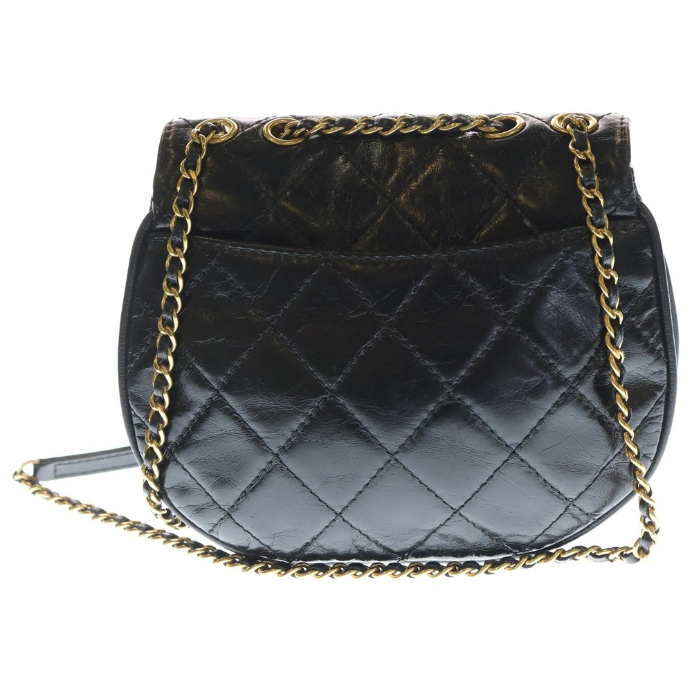 CHANEL(シャネル) マトラッセ ハーフムーン ココマーク ターンロック シャイニーカーフスキン レザー Wチェーン ショルダーバッグ ゴールド金具 ブラック 20番台