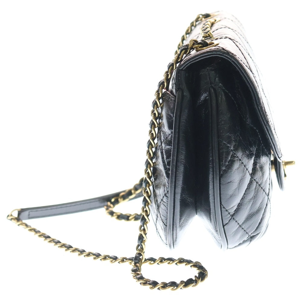 CHANEL(シャネル) マトラッセ ハーフムーン ココマーク ターンロック シャイニーカーフスキン レザー Wチェーン ショルダーバッグ ゴールド金具 ブラック 20番台