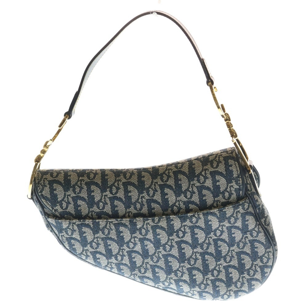 Christian Dior(クリスチャンディオール) トロッター柄 キャンバス レザー サドル ワンショルダーバッグ ゴールド金具 ネイビー レディース