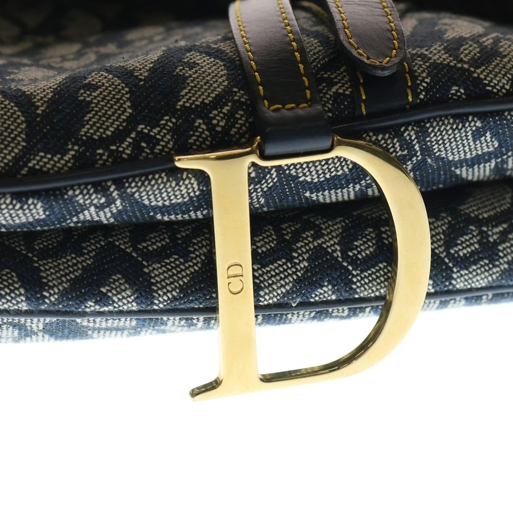 Christian Dior(クリスチャンディオール) トロッター柄 キャンバス レザー サドル ワンショルダーバッグ ゴールド金具 ネイビー レディース