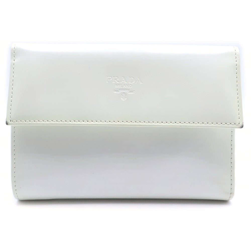 PRADA(プラダ) 三つ折りコンパクトウォレット がま口 財布 コインケース ホワイト パテント シルバー金具 レディース