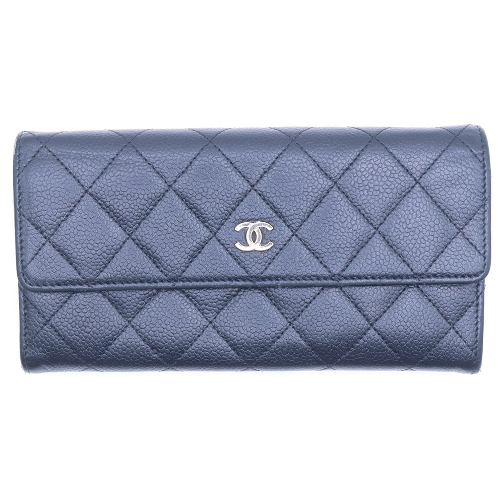 CHANEL(シャネル) マトラッセ 二つ折り長財布 ロングウォレット カードケース ブラック キャビアスキン ゴールド金具 レディース