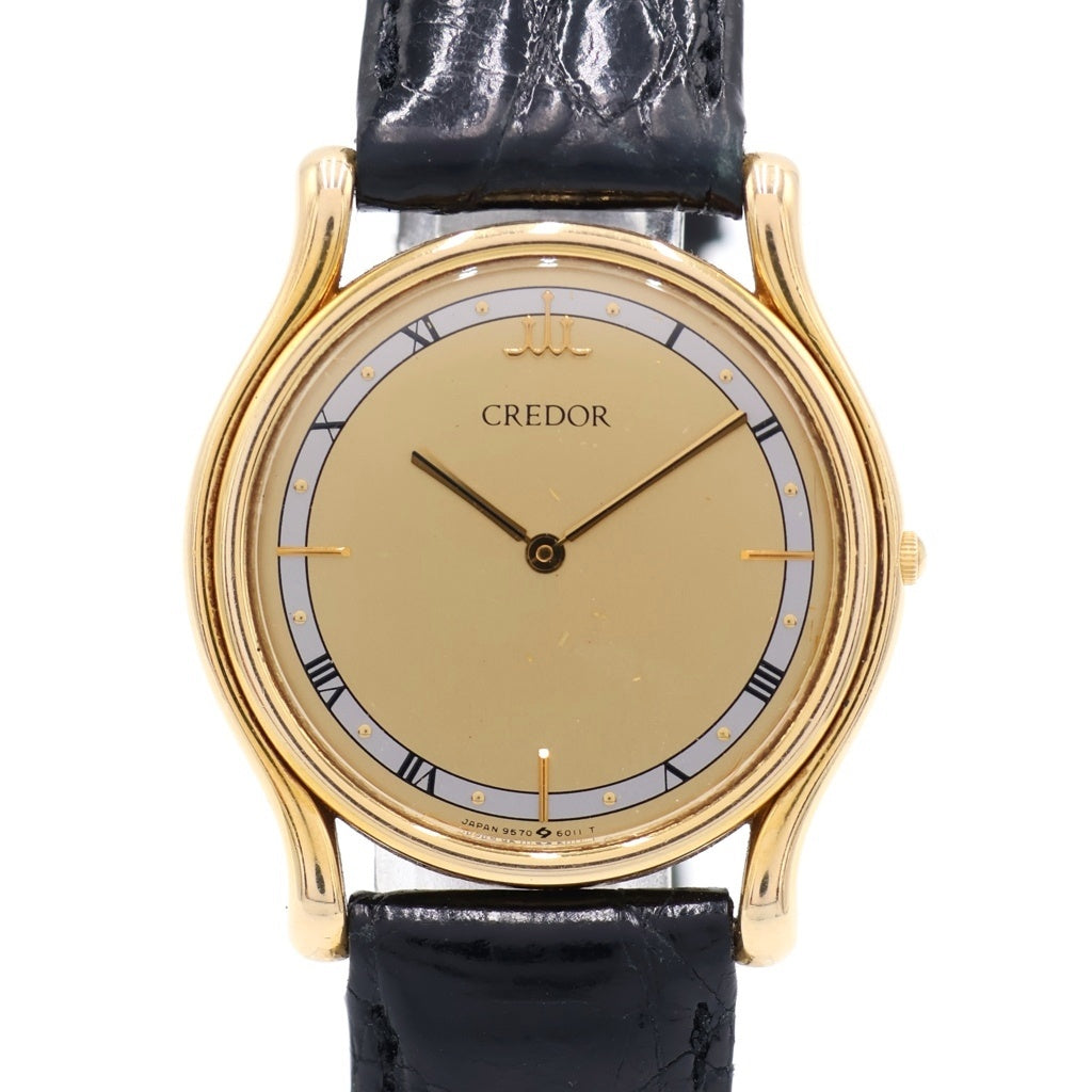 CREDOR(クレドール) クレドール シャンパン文字盤 レザーベルト クォーツウォッチ 腕時計 14KT イエローゴールド/ブラック 9570-6010 レディース