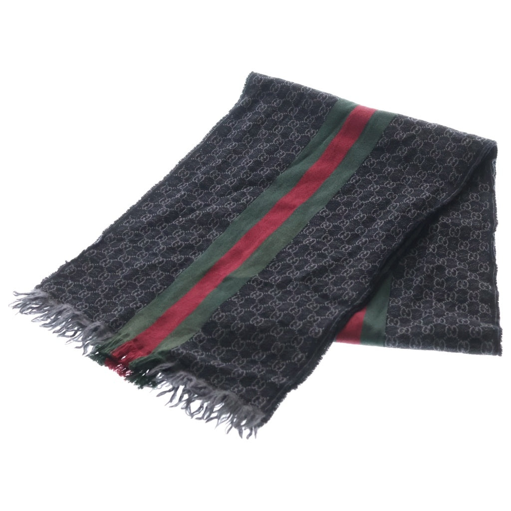 GUCCI(グッチ) シェリー ライン GG総柄 ジャガード シルク混 ウール フリンジマフラー ブラック 147351