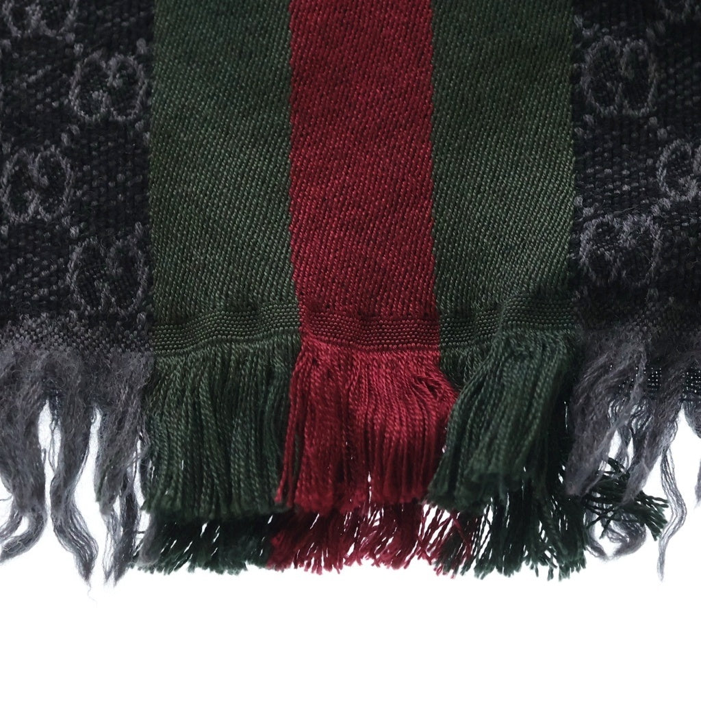 GUCCI(グッチ) シェリー ライン GG総柄 ジャガード シルク混 ウール フリンジマフラー ブラック 147351