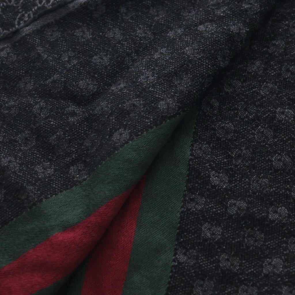 GUCCI(グッチ) シェリー ライン GG総柄 ジャガード シルク混 ウール フリンジマフラー ブラック 147351