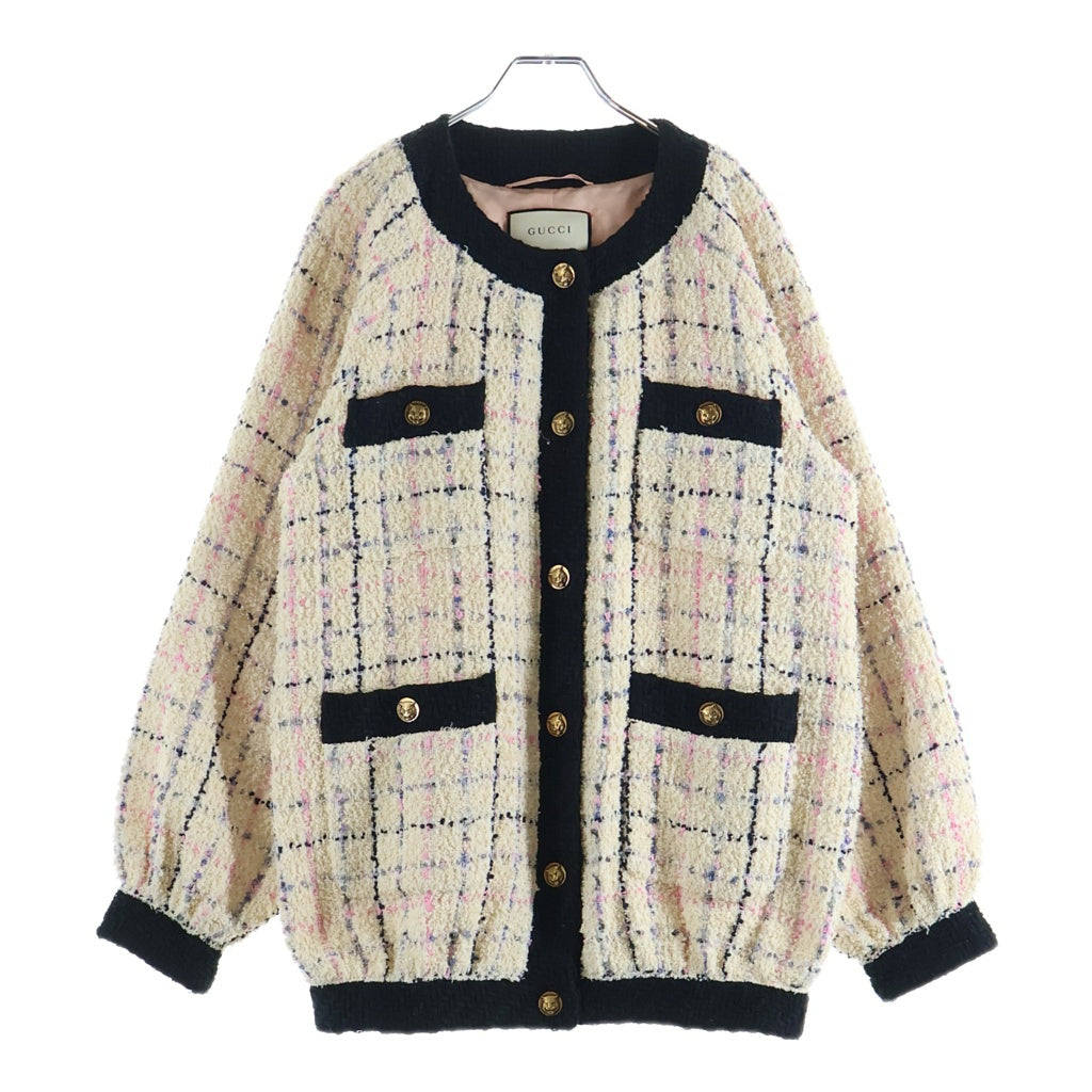 GUCCI(グッチ) 19SS ミケーレ期 Oversize Tweed Bomber Jacket オーバーサイズ ツイード ボンバー ノーカラージャケット ベージュ 545493 レディース